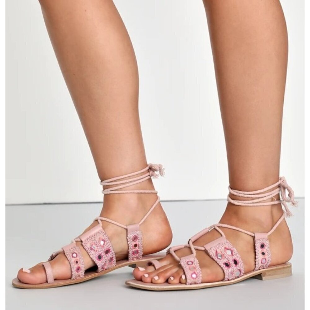 Free People Mantra Mirror Lace-Up Flat Sandals, Perfect Pink